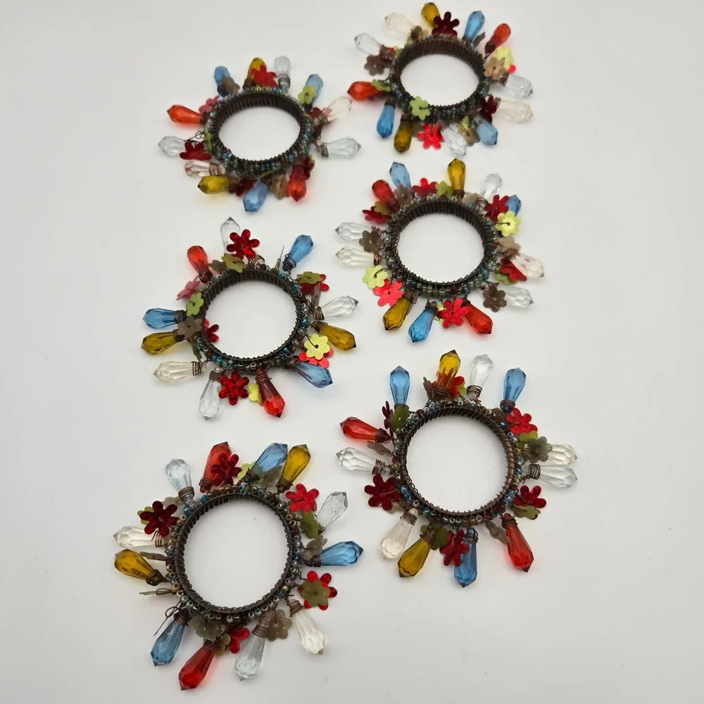 Vintage Pier 1 Beaded Charm Napkin Rings Set of 6 Multi Color Teardrop Crystals